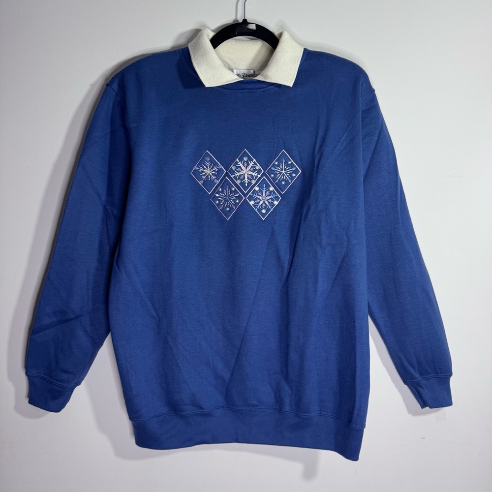 Vintage Bonnie Evans Snowflake Grandma Sweatshirt Blue Collared Crewneck 1X